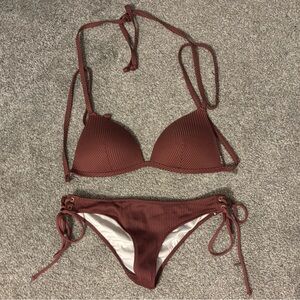 Ribbed Tie-Side Bikini Set - Rust